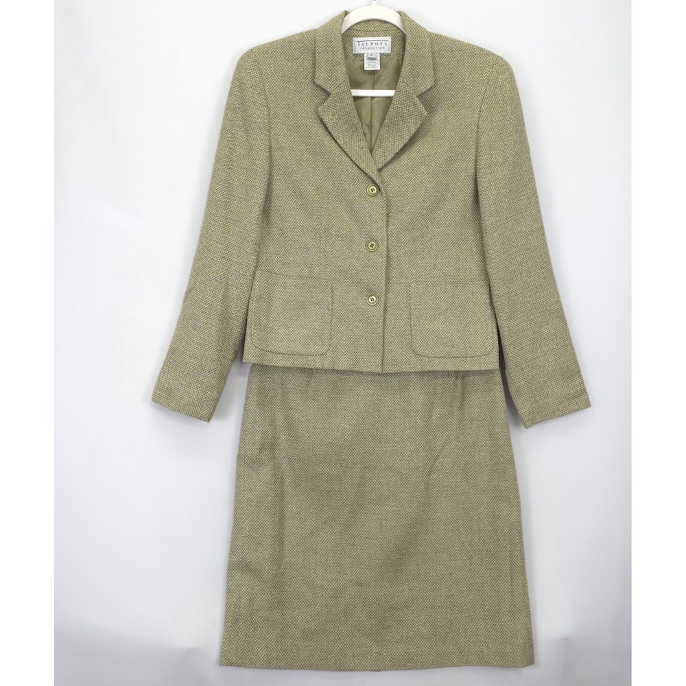 Talbots Collection Silk Wool Blazer Skirt Suit Women 10 Tweed Olive Lined USA